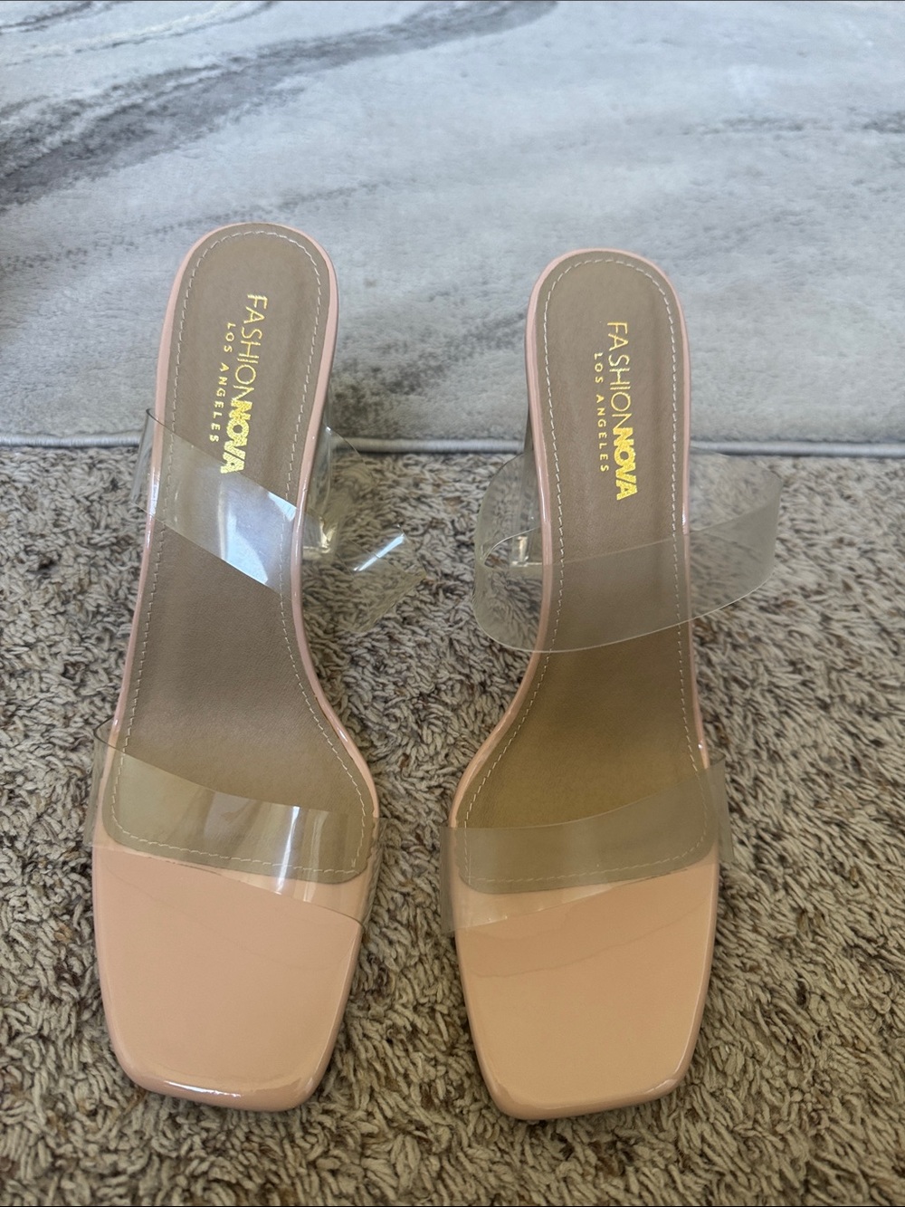 Fashion Nova Blush Nude Clear Strap Heeled Mules